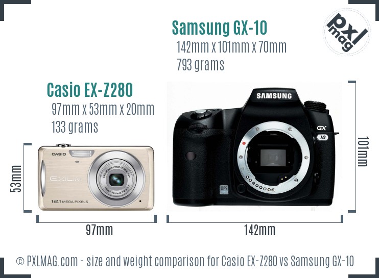 Casio EX-Z280 vs Samsung GX-10 size comparison Casio EX-Z280 vs Samsung GX-10 size comparison
