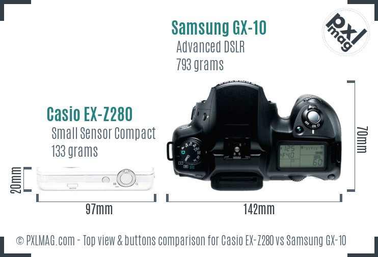 Casio EX-Z280 vs Samsung GX-10 top view buttons comparison