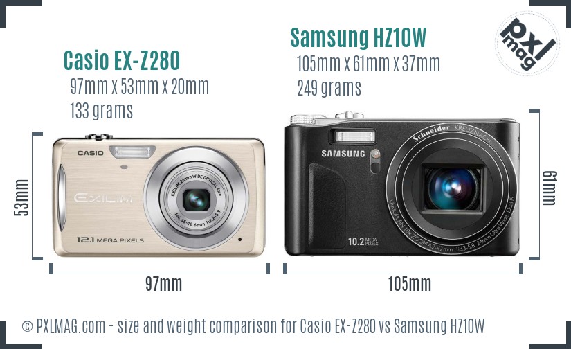 Casio EX-Z280 vs Samsung HZ10W size comparison