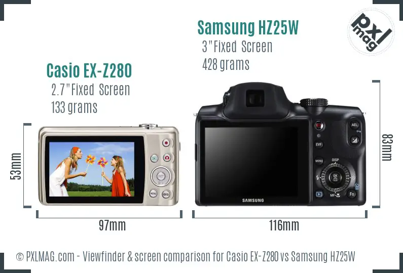 Casio EX-Z280 vs Samsung HZ25W Screen and Viewfinder comparison