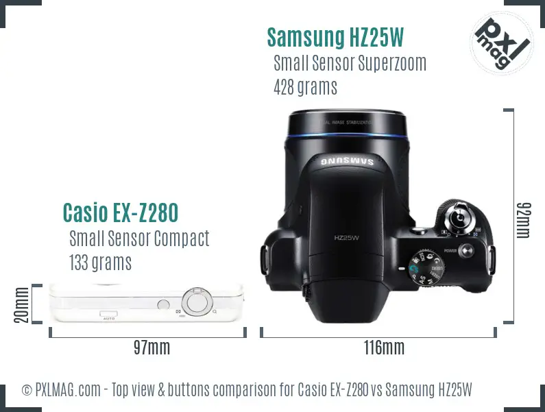 Casio EX-Z280 vs Samsung HZ25W top view buttons comparison