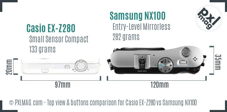 Casio EX-Z280 vs Samsung NX100 top view buttons comparison