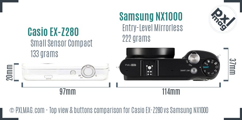 Casio EX-Z280 vs Samsung NX1000 top view buttons comparison