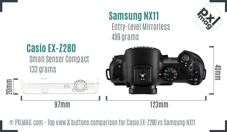 Casio EX-Z280 vs Samsung NX11 top view buttons comparison Casio EX-Z280 vs Samsung NX11 top view buttons comparison