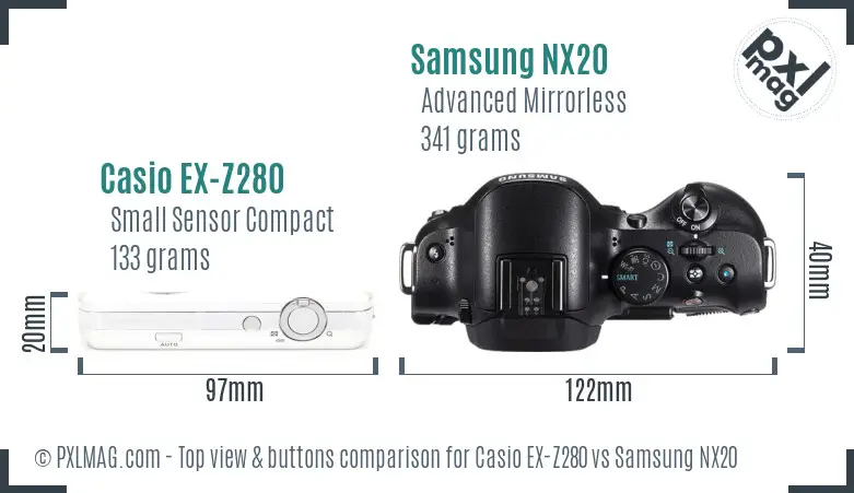 Casio EX-Z280 vs Samsung NX20 top view buttons comparison Casio EX-Z280 vs Samsung NX20 top view buttons comparison
