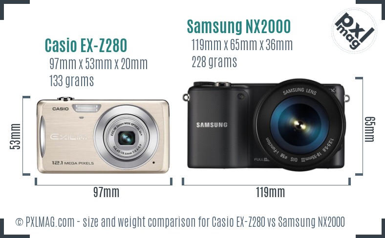 Casio EX-Z280 vs Samsung NX2000 size comparison Casio EX-Z280 vs Samsung NX2000 size comparison