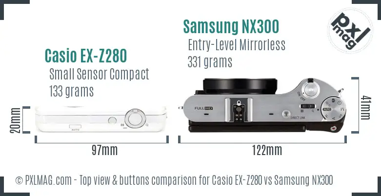 Casio EX-Z280 vs Samsung NX300 top view buttons comparison Casio EX-Z280 vs Samsung NX300 top view buttons comparison
