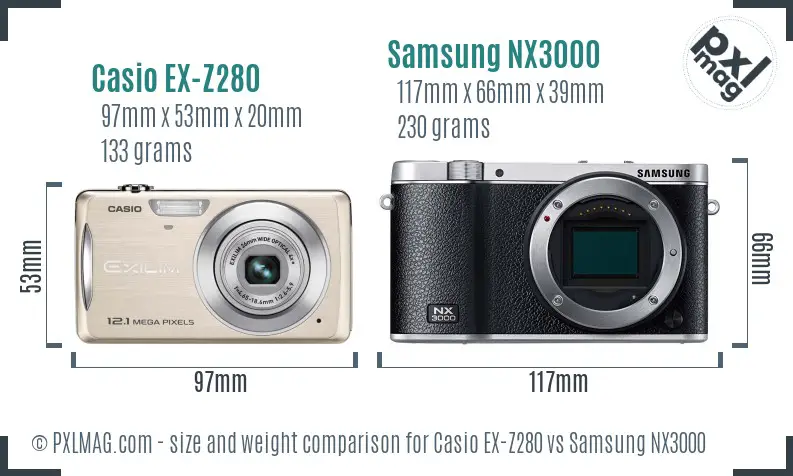 Casio EX-Z280 vs Samsung NX3000 size comparison