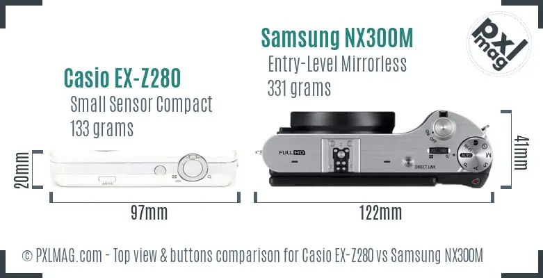 Casio EX-Z280 vs Samsung NX300M top view buttons comparison Casio EX-Z280 vs Samsung NX300M top view buttons comparison