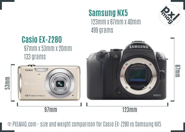 Casio EX-Z280 vs Samsung NX5 size comparison