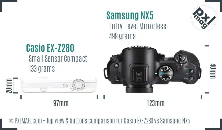 Casio EX-Z280 vs Samsung NX5 top view buttons comparison