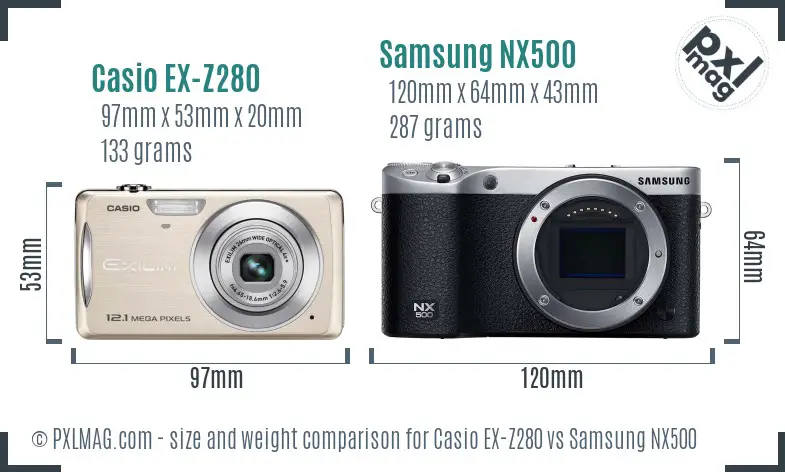 Casio EX-Z280 vs Samsung NX500 size comparison