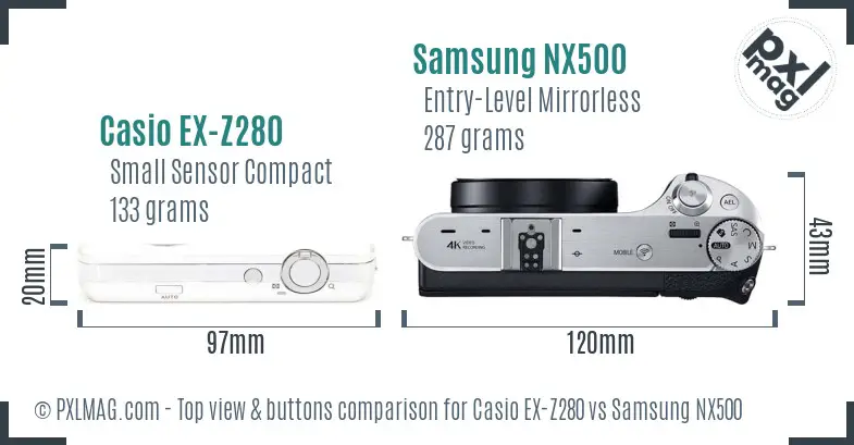 Casio EX-Z280 vs Samsung NX500 top view buttons comparison