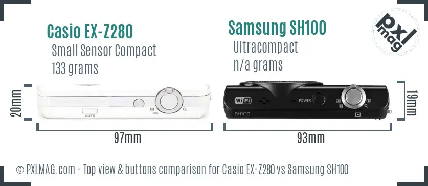 Casio EX-Z280 vs Samsung SH100 top view buttons comparison Casio EX-Z280 vs Samsung SH100 top view buttons comparison