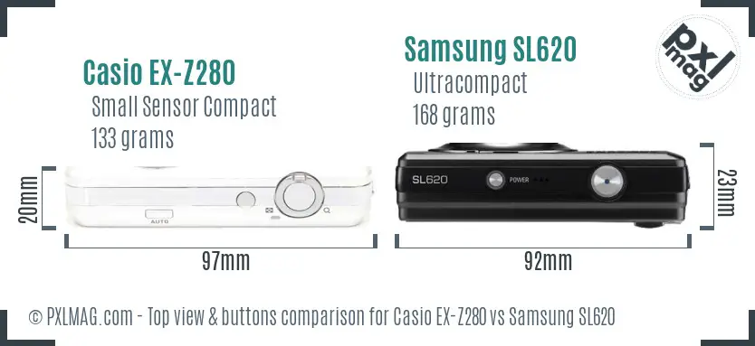 Casio EX-Z280 vs Samsung SL620 top view buttons comparison Casio EX-Z280 vs Samsung SL620 top view buttons comparison