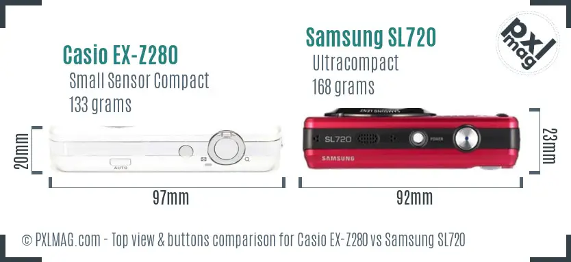 Casio EX-Z280 vs Samsung SL720 top view buttons comparison Casio EX-Z280 vs Samsung SL720 top view buttons comparison