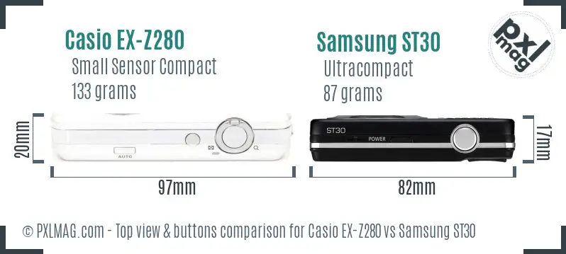 Casio EX-Z280 vs Samsung ST30 top view buttons comparison Casio EX-Z280 vs Samsung ST30 top view buttons comparison