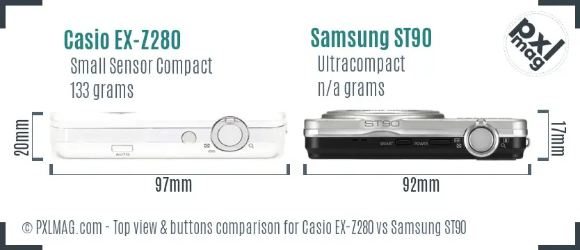 Casio EX-Z280 vs Samsung ST90 top view buttons comparison Casio EX-Z280 vs Samsung ST90 top view buttons comparison