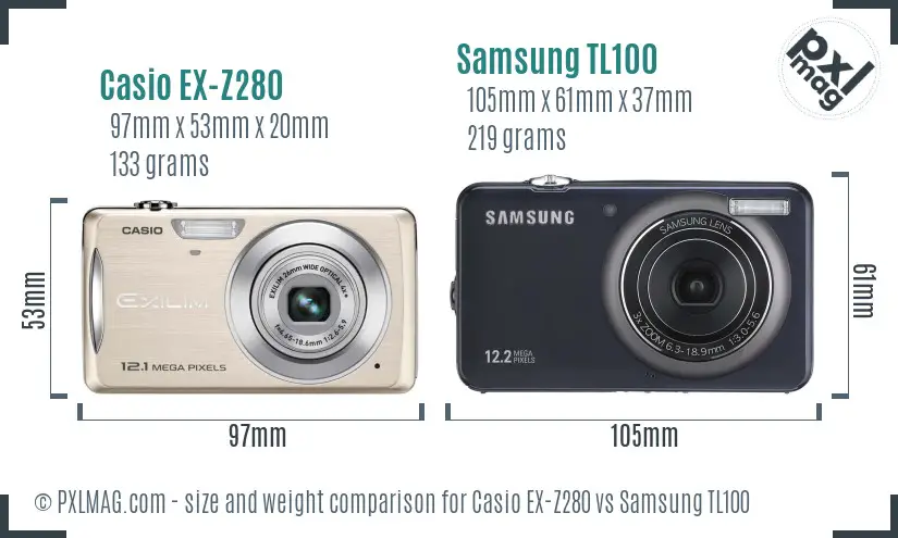 Casio EX-Z280 vs Samsung TL100 size comparison