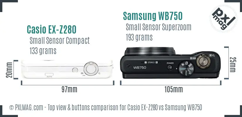 Casio EX-Z280 vs Samsung WB750 top view buttons comparison Casio EX-Z280 vs Samsung WB750 top view buttons comparison