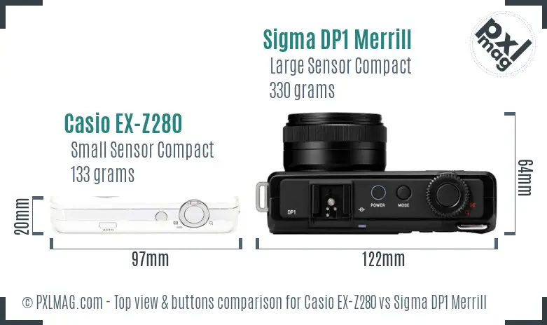 Casio EX-Z280 vs Sigma DP1 Merrill top view buttons comparison Casio EX-Z280 vs Sigma DP1 Merrill top view buttons comparison