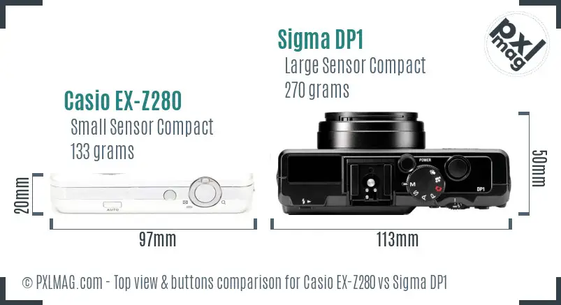 Casio EX-Z280 vs Sigma DP1 top view buttons comparison Casio EX-Z280 vs Sigma DP1 top view buttons comparison
