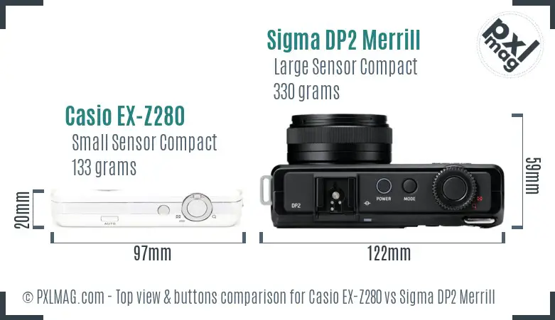 Casio EX-Z280 vs Sigma DP2 Merrill top view buttons comparison Casio EX-Z280 vs Sigma DP2 Merrill top view buttons comparison
