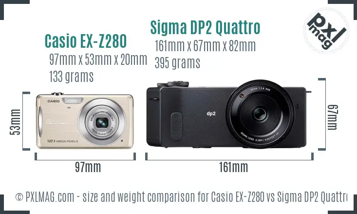 Casio EX-Z280 vs Sigma DP2 Quattro size comparison