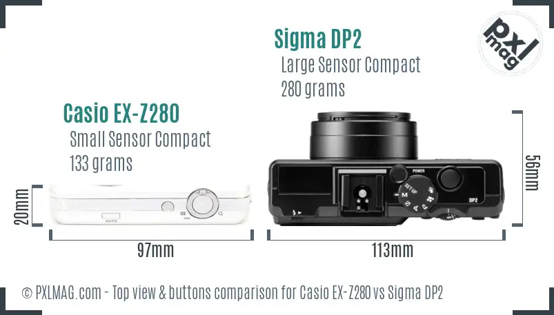 Casio EX-Z280 vs Sigma DP2 top view buttons comparison Casio EX-Z280 vs Sigma DP2 top view buttons comparison