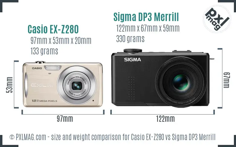 Casio EX-Z280 vs Sigma DP3 Merrill size comparison