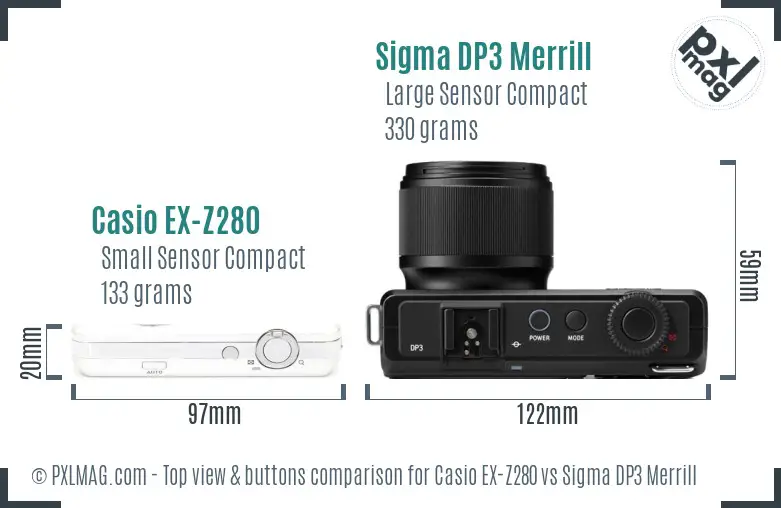 Casio EX-Z280 vs Sigma DP3 Merrill top view buttons comparison