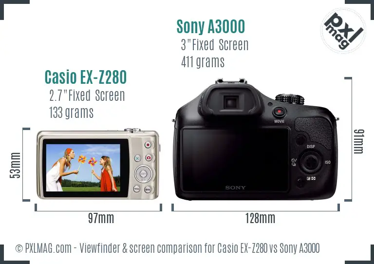 Casio EX-Z280 vs Sony A3000 Screen and Viewfinder comparison
