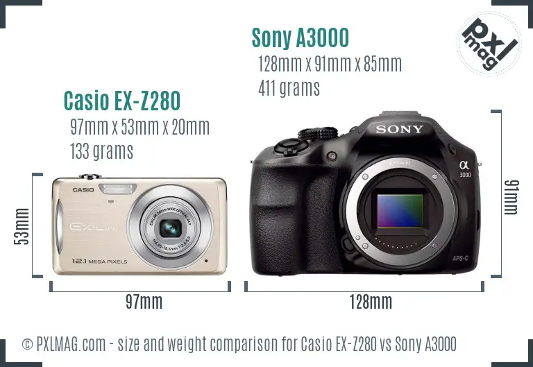 Casio EX-Z280 vs Sony A3000 size comparison