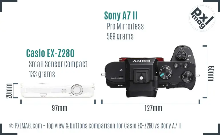 Casio EX-Z280 vs Sony A7 II top view buttons comparison