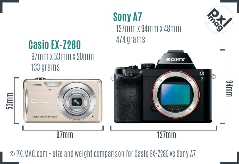 Casio EX-Z280 vs Sony A7 size comparison