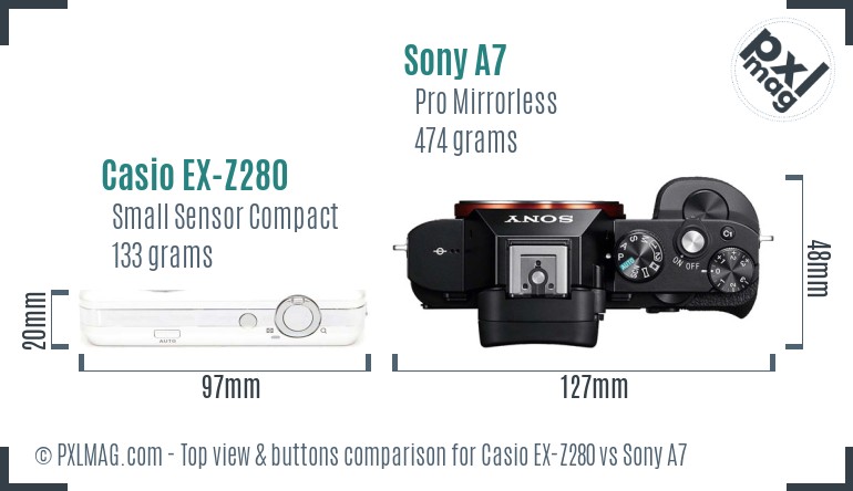 Casio EX-Z280 vs Sony A7 top view buttons comparison