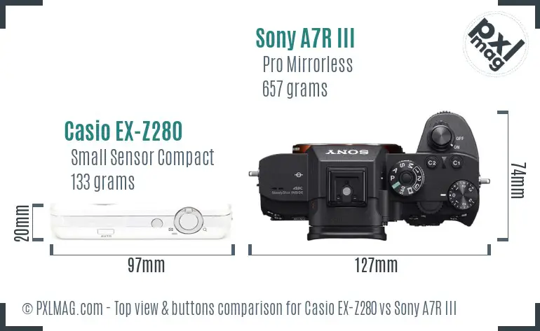 Casio EX-Z280 vs Sony A7R III top view buttons comparison Casio EX-Z280 vs Sony A7R III top view buttons comparison