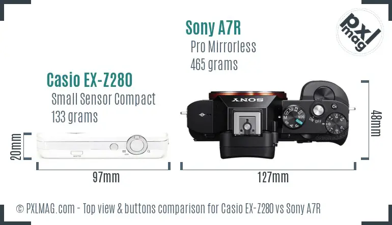 Casio EX-Z280 vs Sony A7R top view buttons comparison