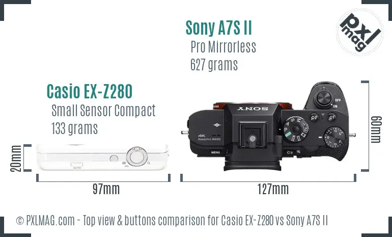 Casio EX-Z280 vs Sony A7S II top view buttons comparison Casio EX-Z280 vs Sony A7S II top view buttons comparison