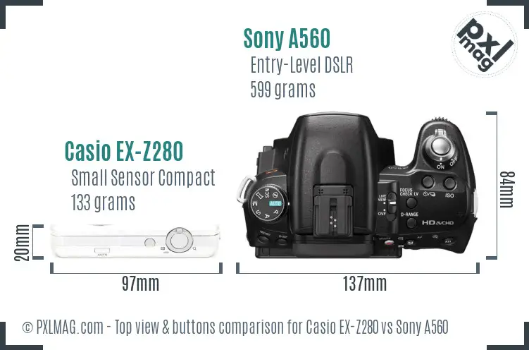 Casio EX-Z280 vs Sony A560 top view buttons comparison