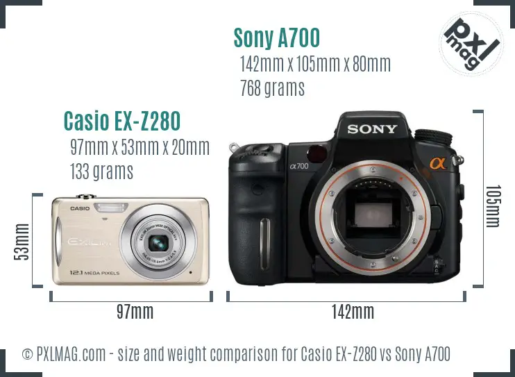 Casio EX-Z280 vs Sony A700 size comparison