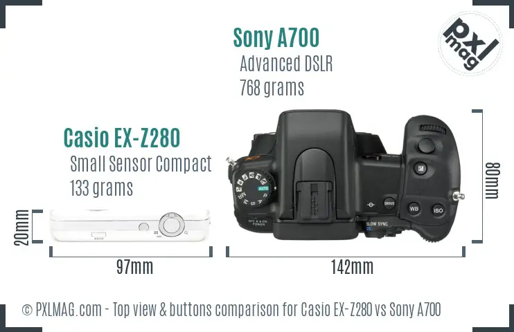 Casio EX-Z280 vs Sony A700 top view buttons comparison