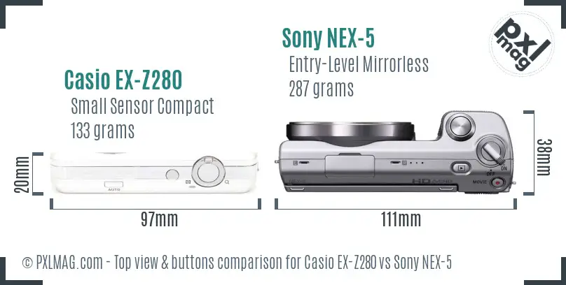 Casio EX-Z280 vs Sony NEX-5 top view buttons comparison