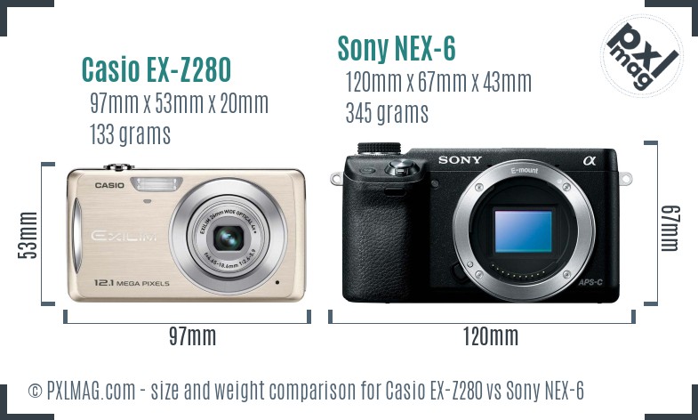 Casio EX-Z280 vs Sony NEX-6 size comparison