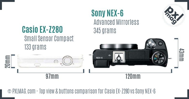 Casio EX-Z280 vs Sony NEX-6 top view buttons comparison