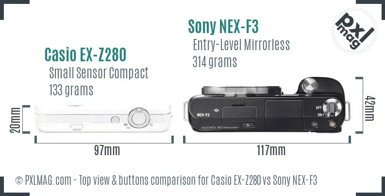 Casio EX-Z280 vs Sony NEX-F3 top view buttons comparison Casio EX-Z280 vs Sony NEX-F3 top view buttons comparison