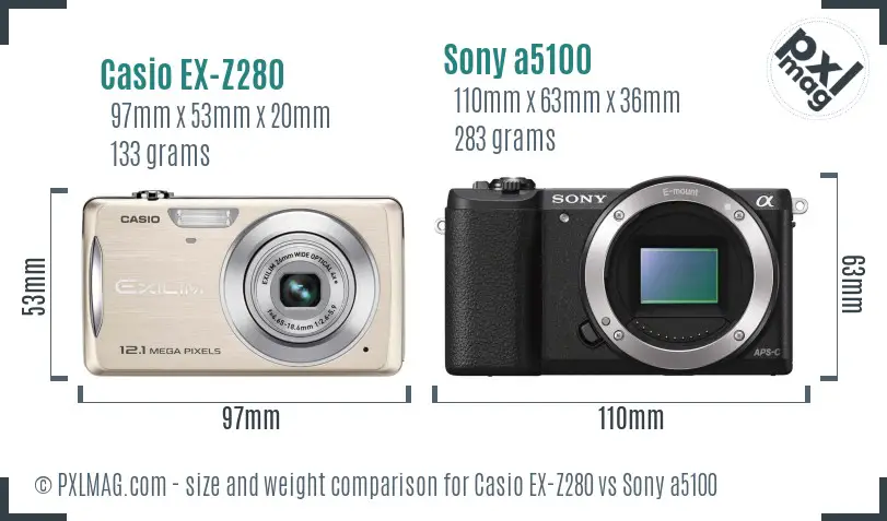 Casio EX-Z280 vs Sony a5100 size comparison