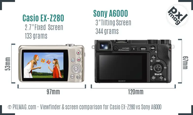 Casio EX-Z280 vs Sony A6000 Screen and Viewfinder comparison