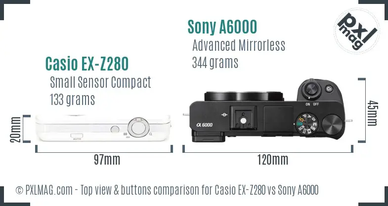 Casio EX-Z280 vs Sony A6000 top view buttons comparison