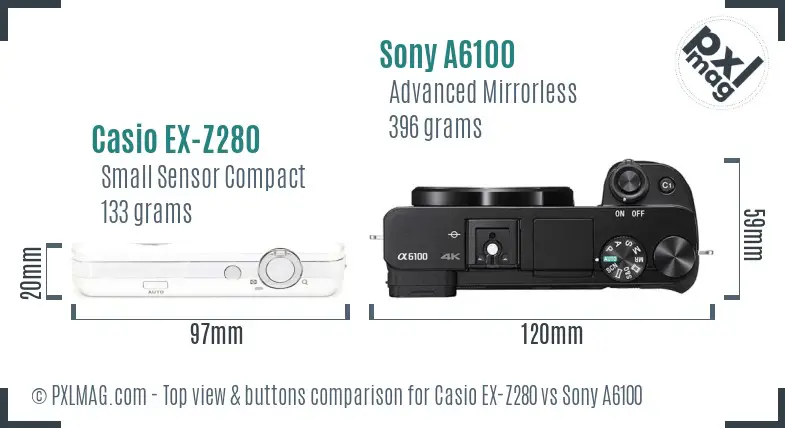 Casio EX-Z280 vs Sony A6100 top view buttons comparison Casio EX-Z280 vs Sony A6100 top view buttons comparison